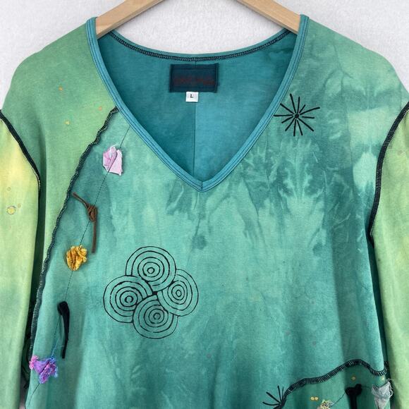 BREAD Top Womens L 3/4 Sleeve Patchwork Lagenlook Tie Dye Asymmetric Green - Picture 3 of 16